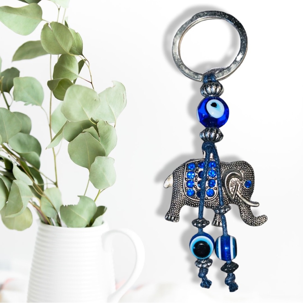 Evil Eye Key Chain, Blue Rhinestone Key Chain, Elephant Key Chain